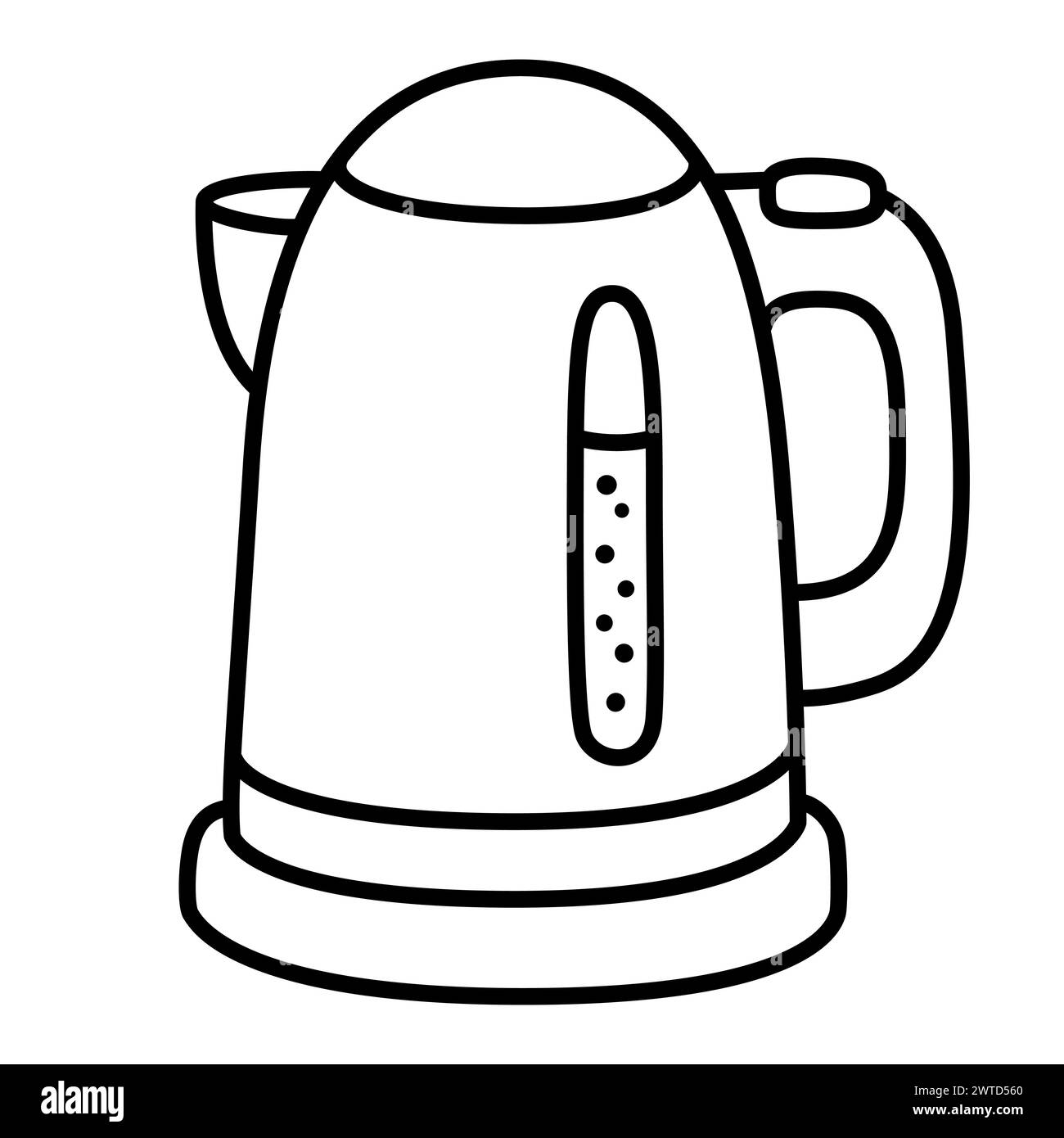 Electric kettle, simple cartoon drawing. Black and white doodle icon. Hand drawn vector illustration. Stock Vector