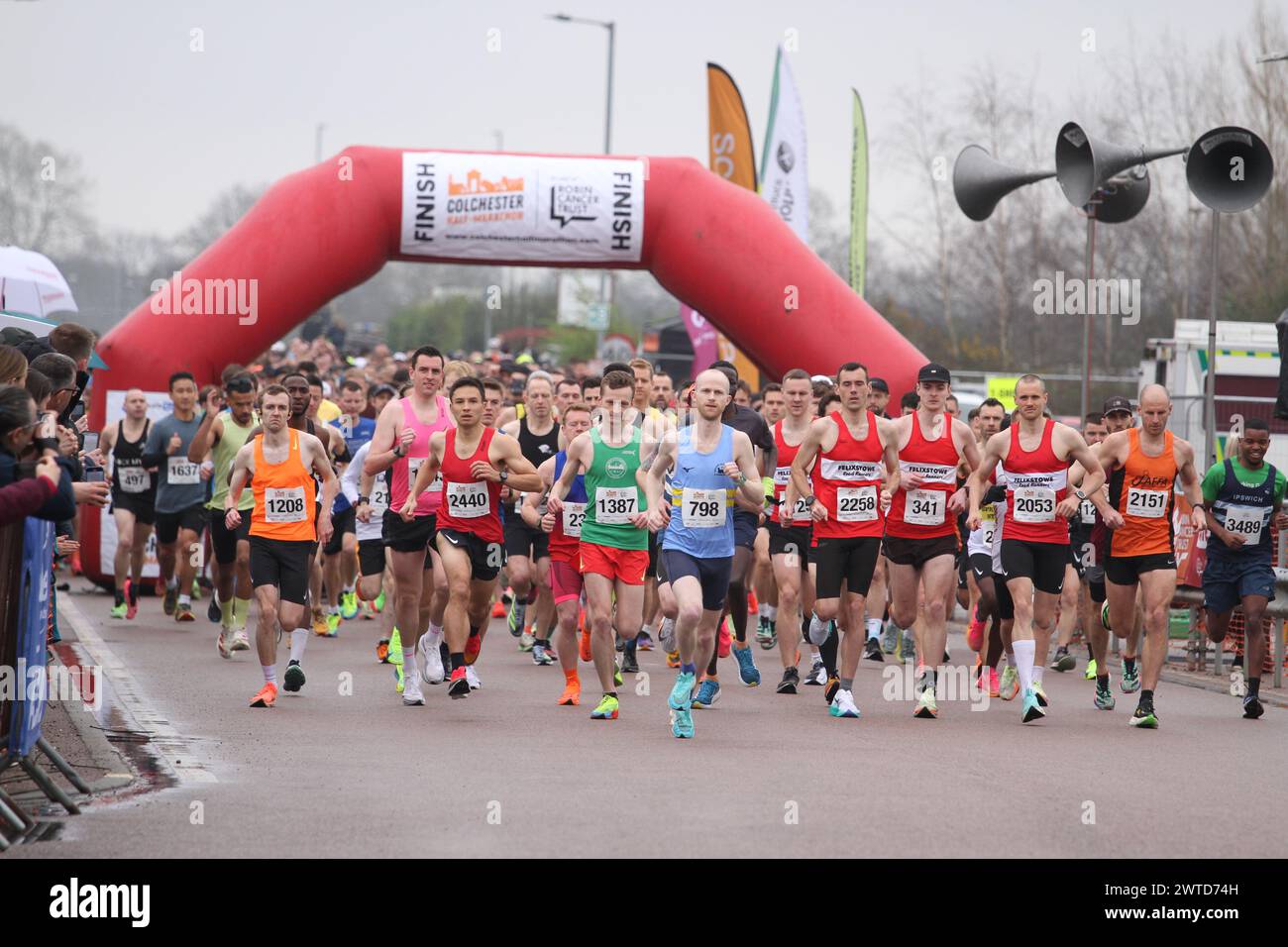 Colchester, UK. 17th Mar, 2024. The Colchester Half Marathon took place today in support of The Robin Cancer Trust. Despite the heavy rain around 2,500 runners started the race at the Jobserve Community Stadium, home of Colchester United FC.  Credit:Eastern Views/Alamy Live News Stock Photo