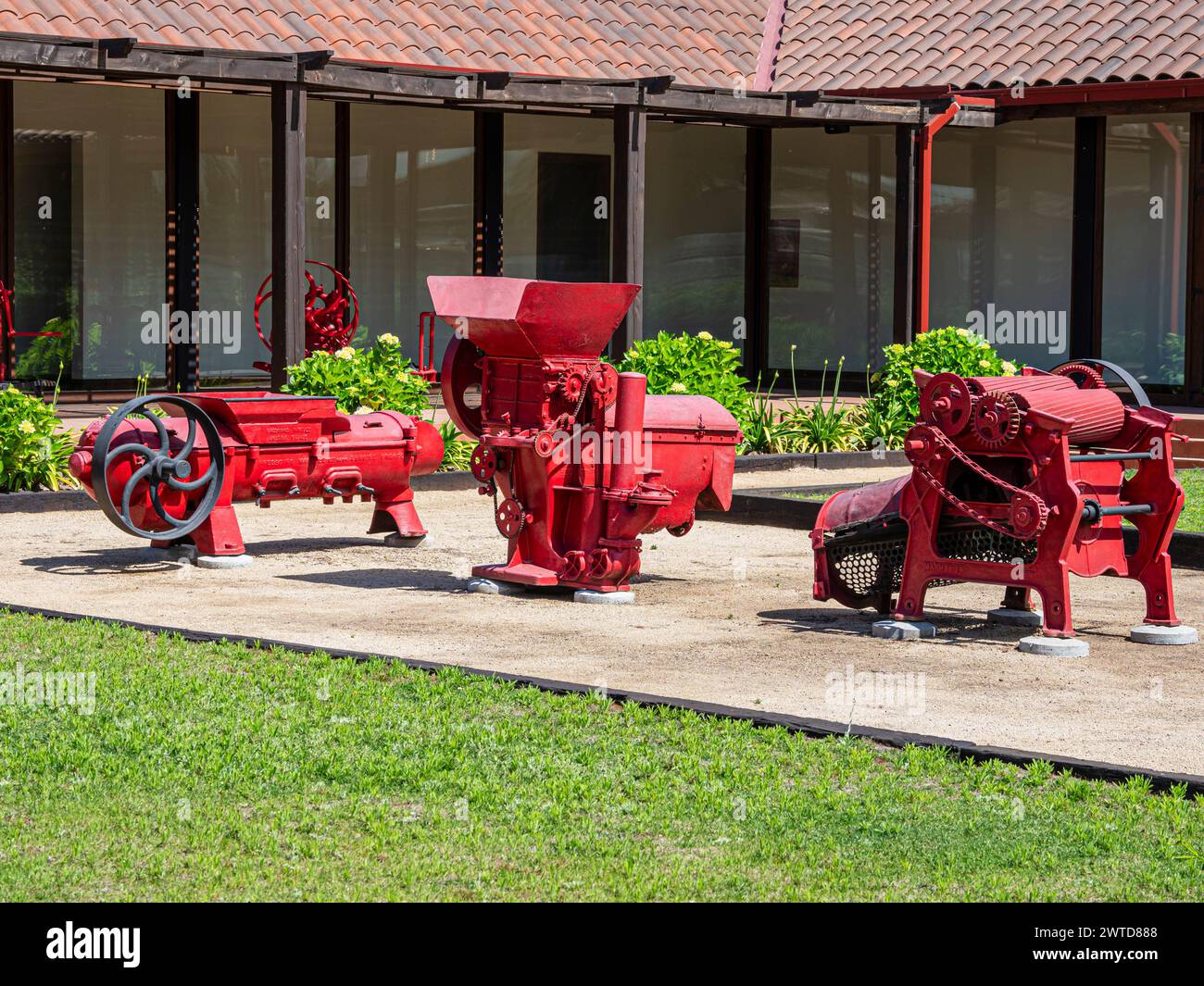 Balduzzi winery , San Javier, Maule valley, historical wine machinery, exhibition outside the shop,  Chile Stock Photo