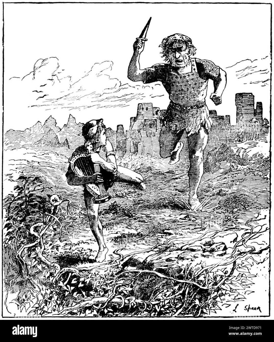 Jack running from the giant in the Red Fairy Book (1890) by Andrew Lang Stock Photo