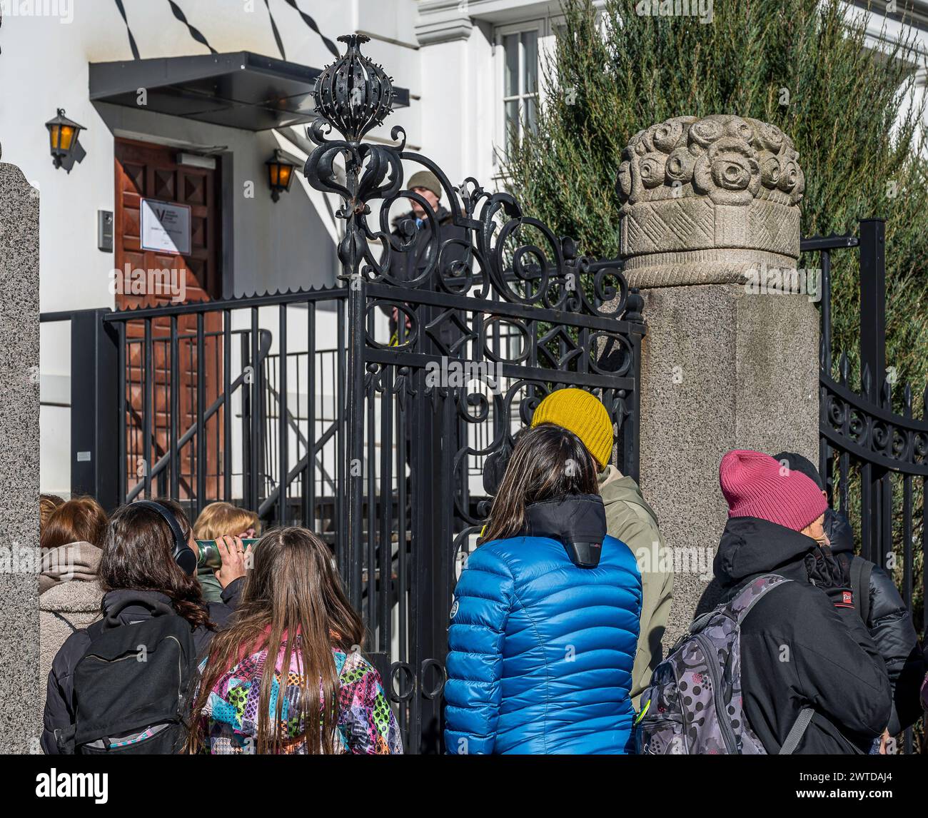 Copenhagen, Denmark, March 17, 2024. Noon Against Putin. Dressed in blue and yellow for the presidential election 2024 at the Russian Embassy Credit: Stig Alenäs/Alamy Live News Stock Photo