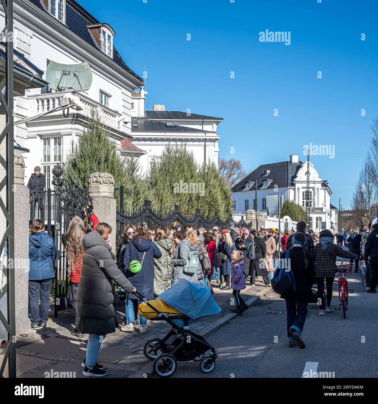 Copenhagen, Denmark, March 17, 2024. Noon Against Putin. With a blue and yellow baby carriage for the presidential election 2024 at the Russian Embassy Credit: Stig Alenäs/Alamy Live News Stock Photo