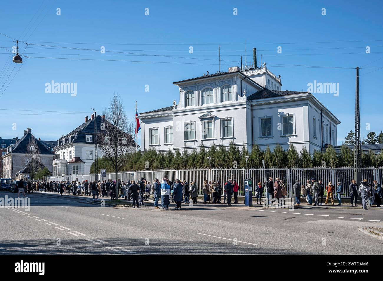 Copenhagen, Denmark, March 17, 2024. Noon Against Putin. People lining up in front of the Russian Embassy to get in and vote on the presidential elections Credit: Stig Alenäs/Alamy Live News Stock Photo