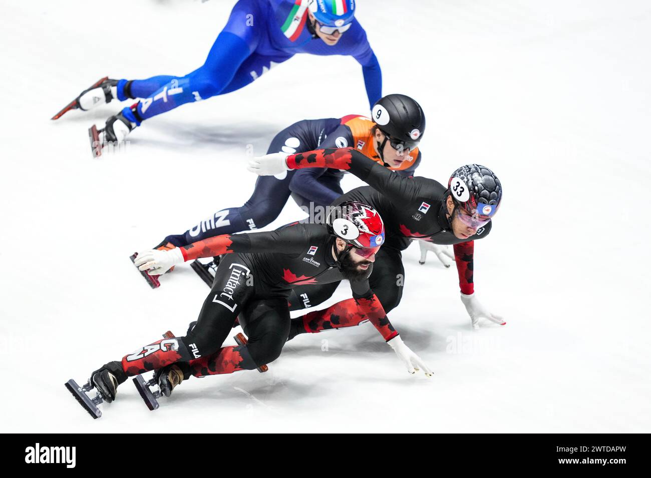 Rotterdam, Netherlands. 17th Mar, 2024. ROTTERDAM, NETHERLANDS - MARCH 17: Jens van t Wout of The Netherlands, William Dandjinou of Canada, Steven Dubois of Canada competing on the 1000m during the ISU World Short Track Championships 2024 at Ahoy on March 17, 2024 in Rotterdam, Netherlands. (Photo by Douwe Bijlsma/Orange Pictures) Credit: Orange Pics BV/Alamy Live News Stock Photo