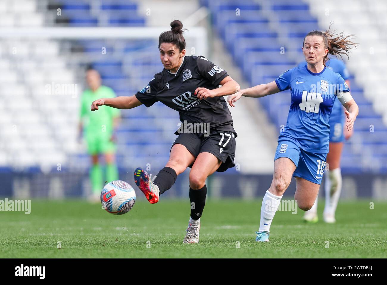 Birmingham, UK. 17th Mar, 2024. Blackburn Rovers' Millie Chandarana attempts to catch Birmingham City's Christie Harrison-Murray unawares to create a counter attack for her team during the Womens Championship match between Birmingham City Women and Blackburn Rovers Women at St Andrews, Birmingham, England on 17 March 2024. Photo by Stuart Leggett. Editorial use only, license required for commercial use. No use in betting, games or a single club/league/player publications. Credit: UK Sports Pics Ltd/Alamy Live News Stock Photo