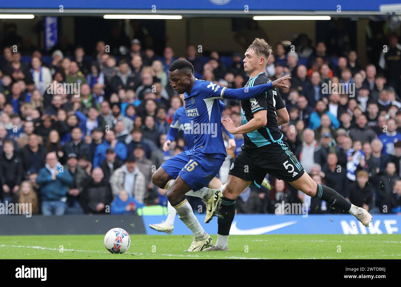 London, UK. 17th Mar, 2024. Nicolas Jackson of Chelsea is fouled by Callum Doyle of Leicester City who receives a red card during the FA Cup Quarter Final match at Stamford Bridge, London. Picture: Paul Terry/Sportimage Credit: Sportimage Ltd/Alamy Live News Stock Photo
