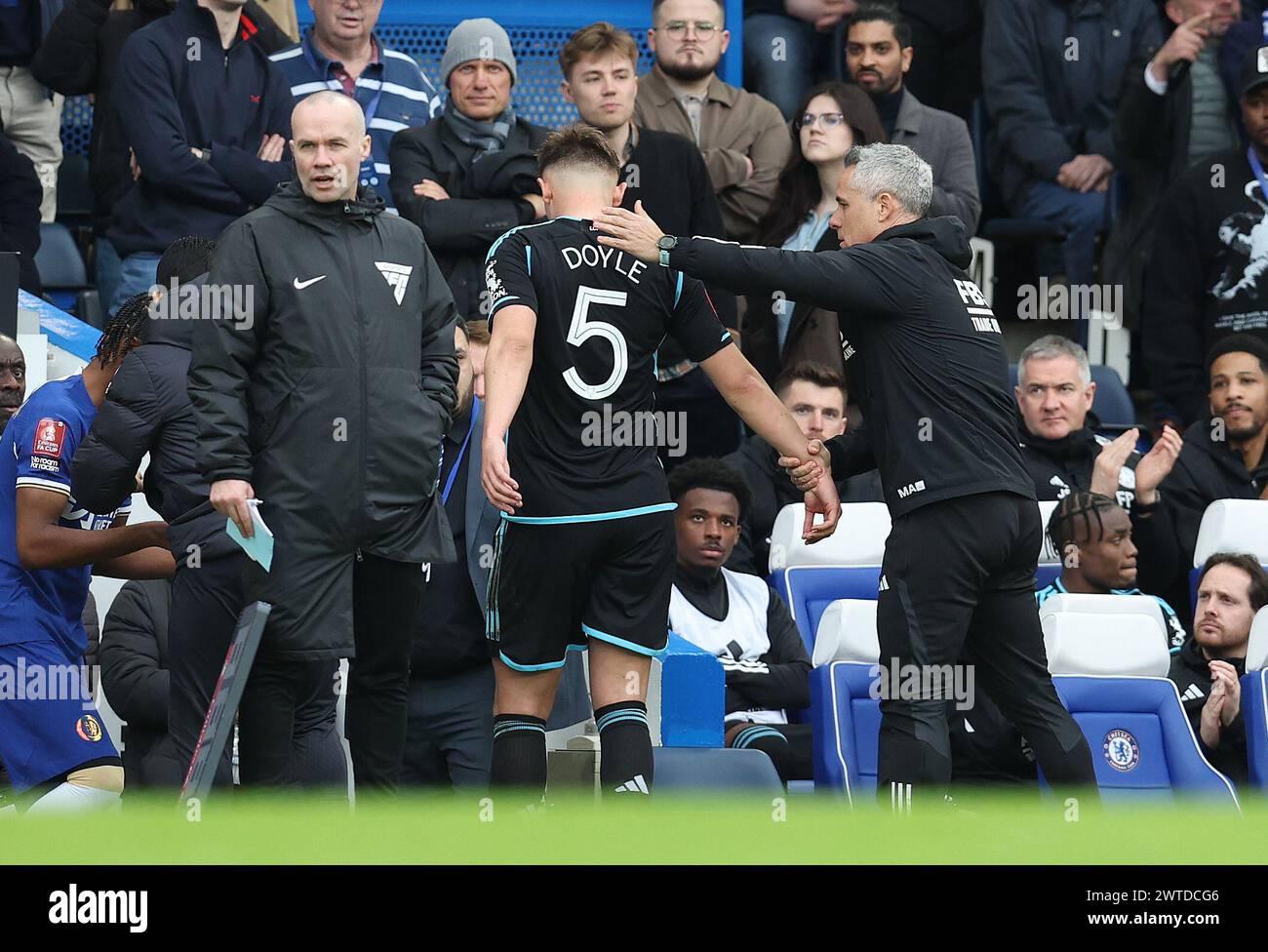 London, UK. 17th Mar, 2024. Callum Doyle of Leicester City leaves the pitch after being shown a red card during the FA Cup Quarter Final match at Stamford Bridge, London. Picture: Paul Terry/Sportimage Credit: Sportimage Ltd/Alamy Live News Stock Photo