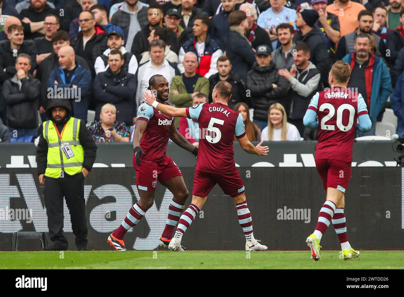 Michail Antonio of West Ham United celebrates his goal to make it 1-0 during the Premier League match West Ham United vs Aston Villa at London Stadium, London, United Kingdom, 17th March 2024 (Photo by Gareth Evans/News Images) in, on 3/17/2024. (Photo by Gareth Evans/News Images/Sipa USA) Credit: Sipa USA/Alamy Live News Stock Photo