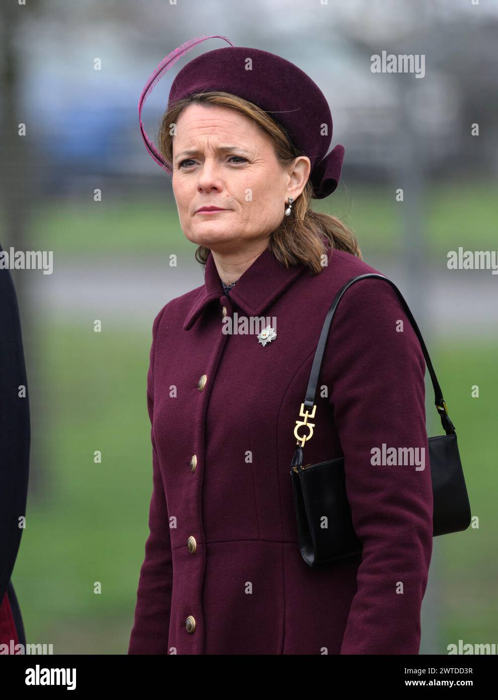 Aldershot, UK. March 17th, 2024. Lady Ghika, the wife of Regimental Lieutenant Colonel, Major General Sir Christopher Ghika at Mons Barracks, Aldershot, during a St Patrick's Day parade. Credit: Doug Peters/EMPICS/Alamy Live News Stock Photo