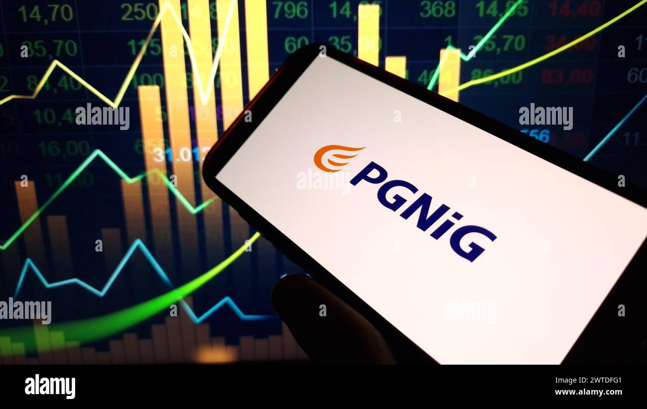 Konskie, Poland - March 16, 2024: PGNiG company logo displayed on mobile phone Stock Photo