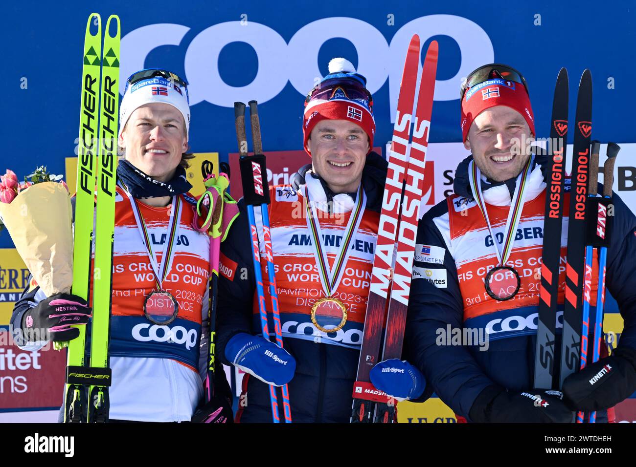 Falun, Sweden . 17th Mar, 2024. Harald Ostberg Amundsen, Norway, (center) the winner of the overall FIS Cross Country skiing World Cup, Johannes Høsflot Klæbo, Norway, (left) placed second and Paal Golberg, Norway, placed third after the last competition season 2023-2024 in Falun, Sweden March 17, 2024.Foto: Anders Wiklund/TT/Kod 10040 Credit: TT News Agency/Alamy Live News Stock Photo