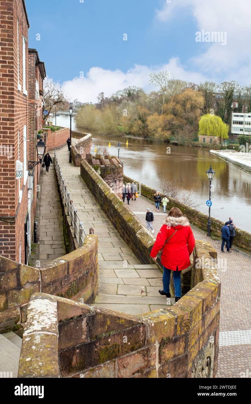 Woman in a red coat walking along the Roman walls in the Cheshire city of Chester England UK with the river Dee running alongside Stock Photo