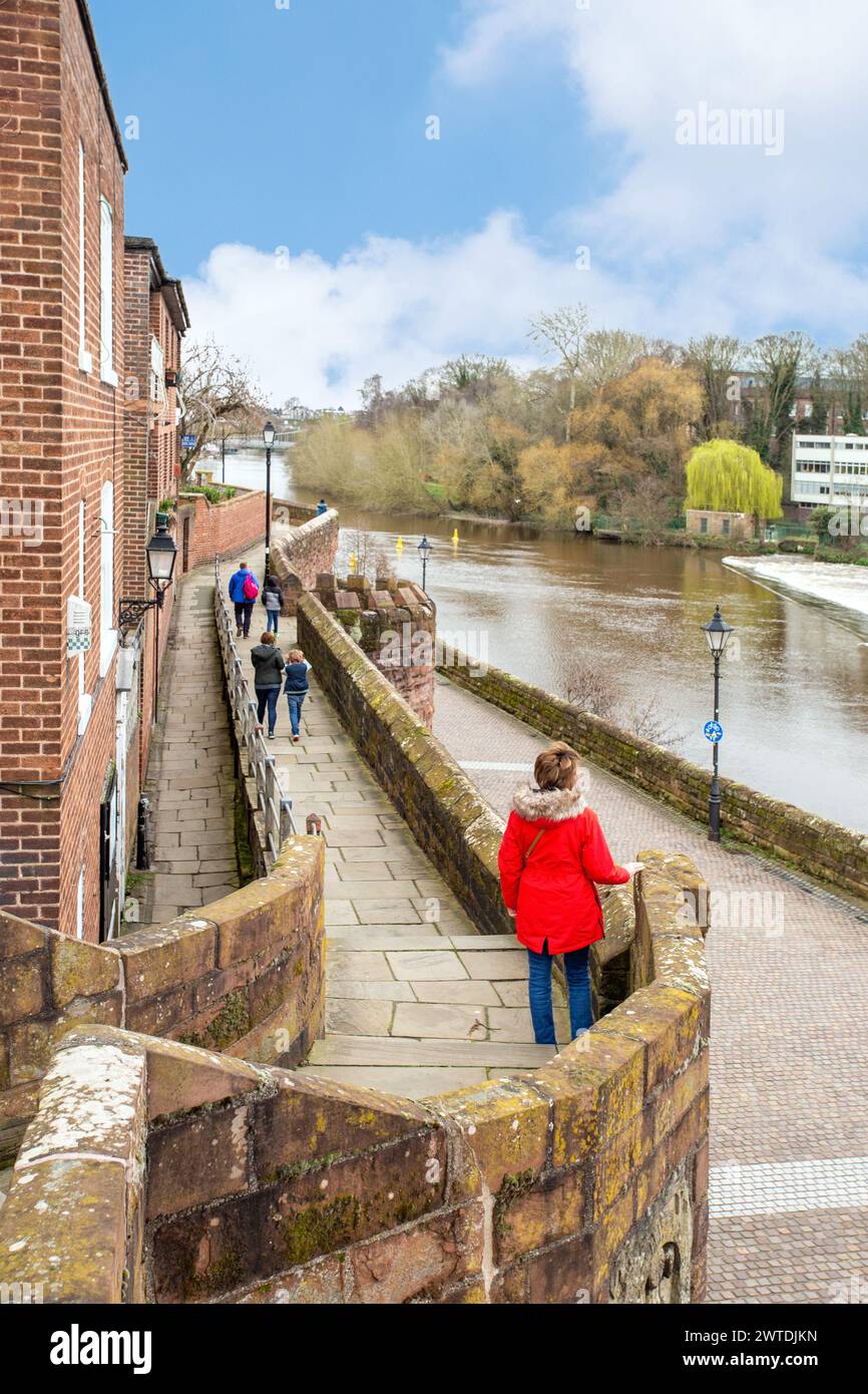 Woman in a red coat walking along the Roman walls in the Cheshire city of Chester England UK with the river Dee running alongside Stock Photo