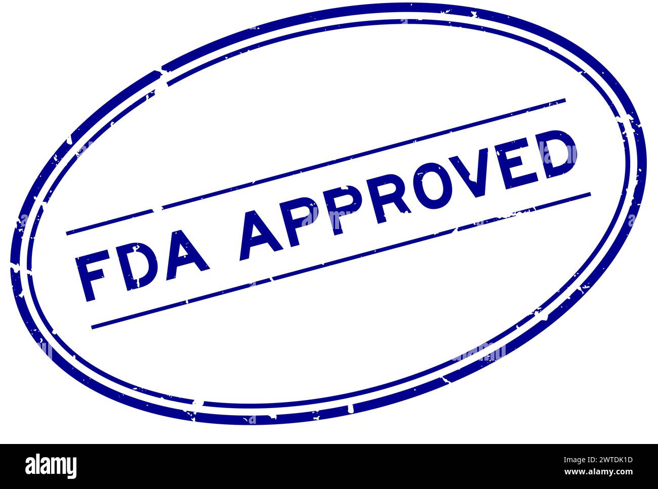 Grunge blue FDA approved word oval rubber seal stamp on white