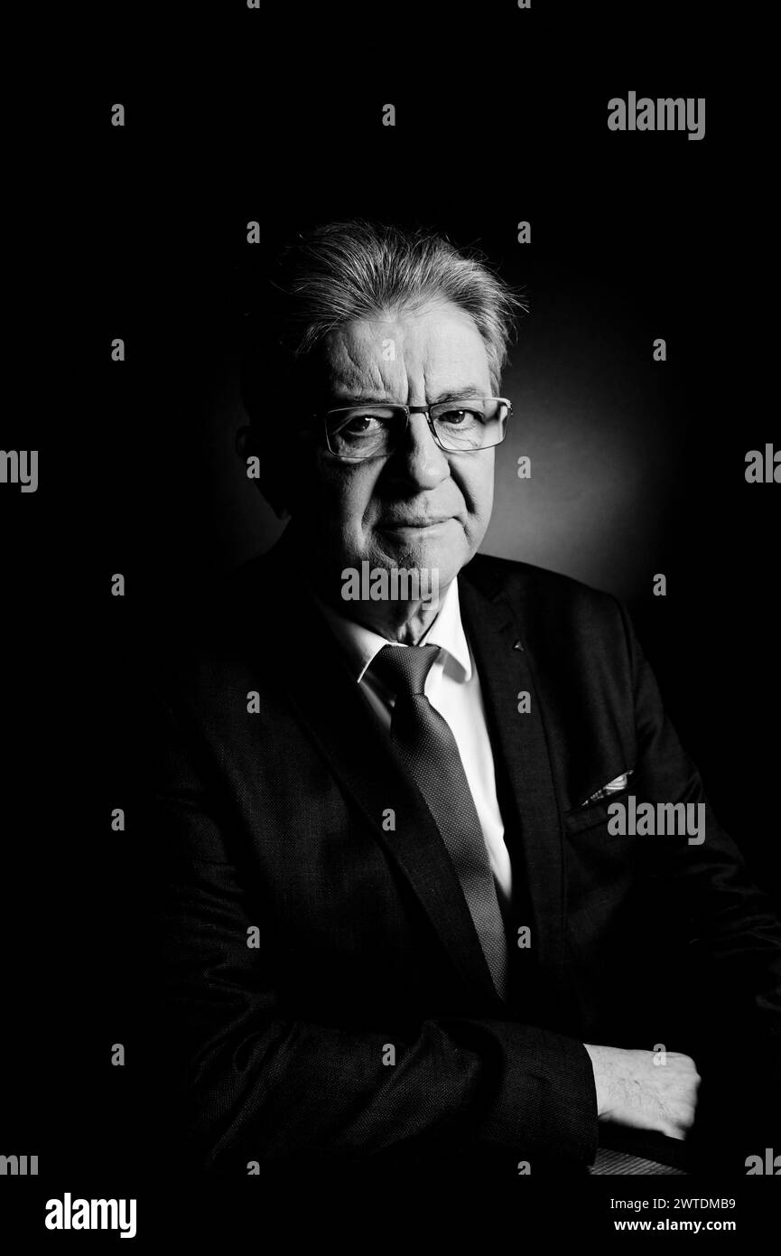 Paris, France. 17th Mar, 2024. Founder of French leftist party La France Insoumise (LFI) Jean-Luc Melenchon poses for pictures ahead of an interview for Dimanche En Politique on France 3 channel in Paris, France on March 17, 2024, in Paris, France. Photo by Stephane Le Tellec/ABACAPRESS.COM Credit: Abaca Press/Alamy Live News Stock Photo