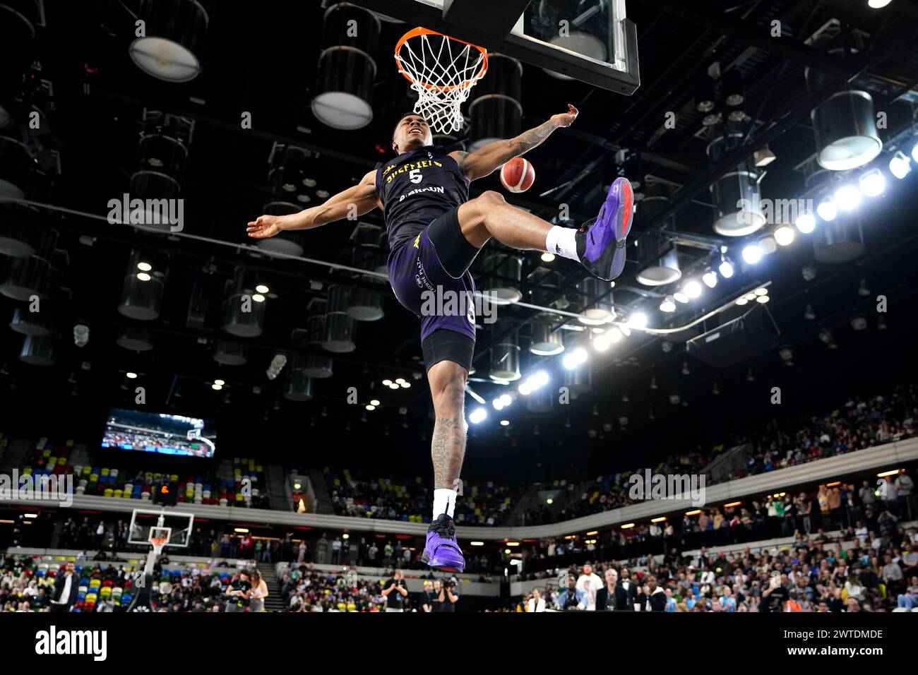 Jalon Pipkins in action during the dunk contest before the Men's British Basketball League All-Stars match at the Copperbox Arena, London. Picture date: Sunday March 17, 2024. Stock Photo