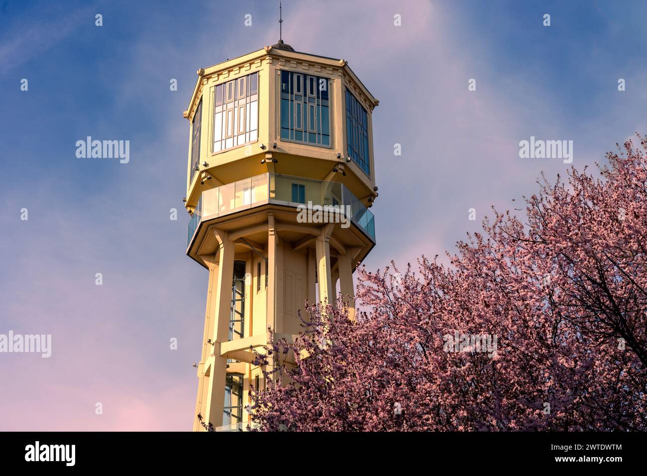 Siofok water lookout tower with blooming tree in Hungary spring travel . Stock Photo