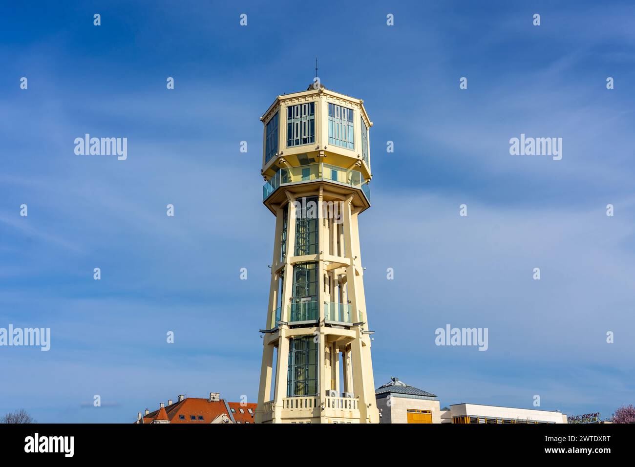Siofok water lookout tower with blue sky in Hungary . Stock Photo