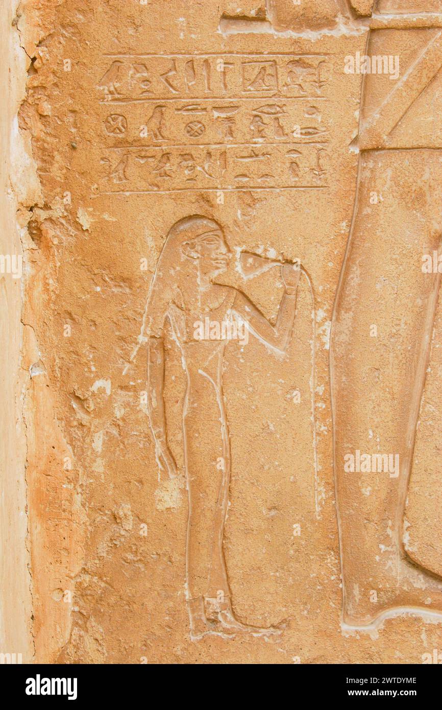 Egypt, Saqqara, near Unas causeway, ruins of the Khenu mastaba : Pillar, a woman smelling a lotus. Stock Photo