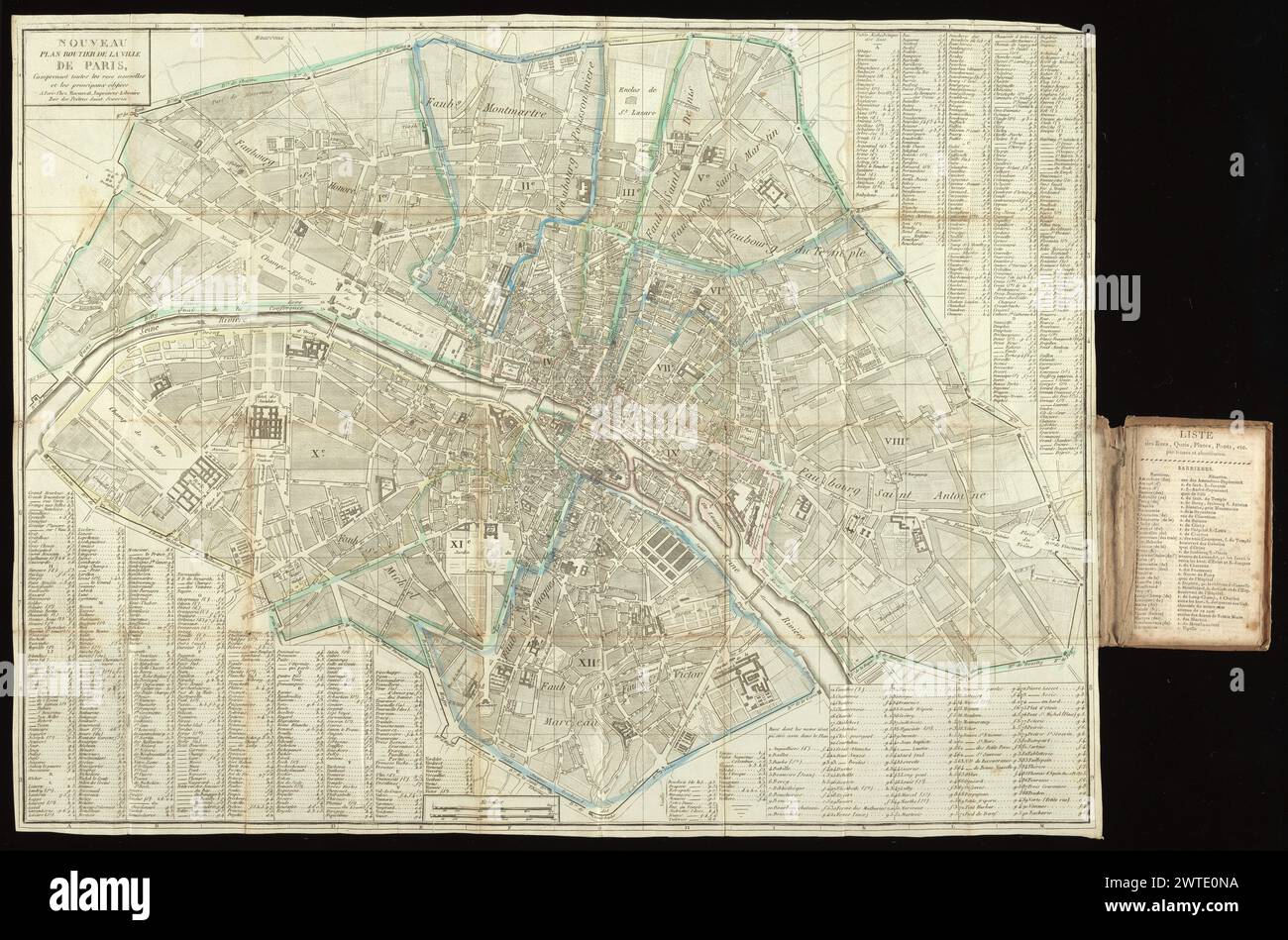 Nouveau plan routier de la ville de Paris, comprenant toutes les rues nouvelles et les principaux édifices, 1820. [1820] Date from label on p. [1] of cover. Title panel at upper left corner. 'Table alphabétique des rues' in remaining corners, indexed to squares on plan labelled A-I, K-M and 1-9. Two scale bars at foot of 500 toises (74 mm) and 500 meters (76.5 mm) imply scales of approximately 1:13,000 and 1:6,500 respectively; the second bar should apparently be for 1000 meters. Boundaries of the mairies traced in color. Plan pasted to p. [2] of pasteboard cover. On p. [1] of cover is oval le Stock Photo