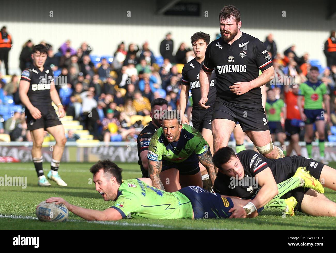 Warrington Wolves' Stefan Ratchford scores his side's tenth try of the ...