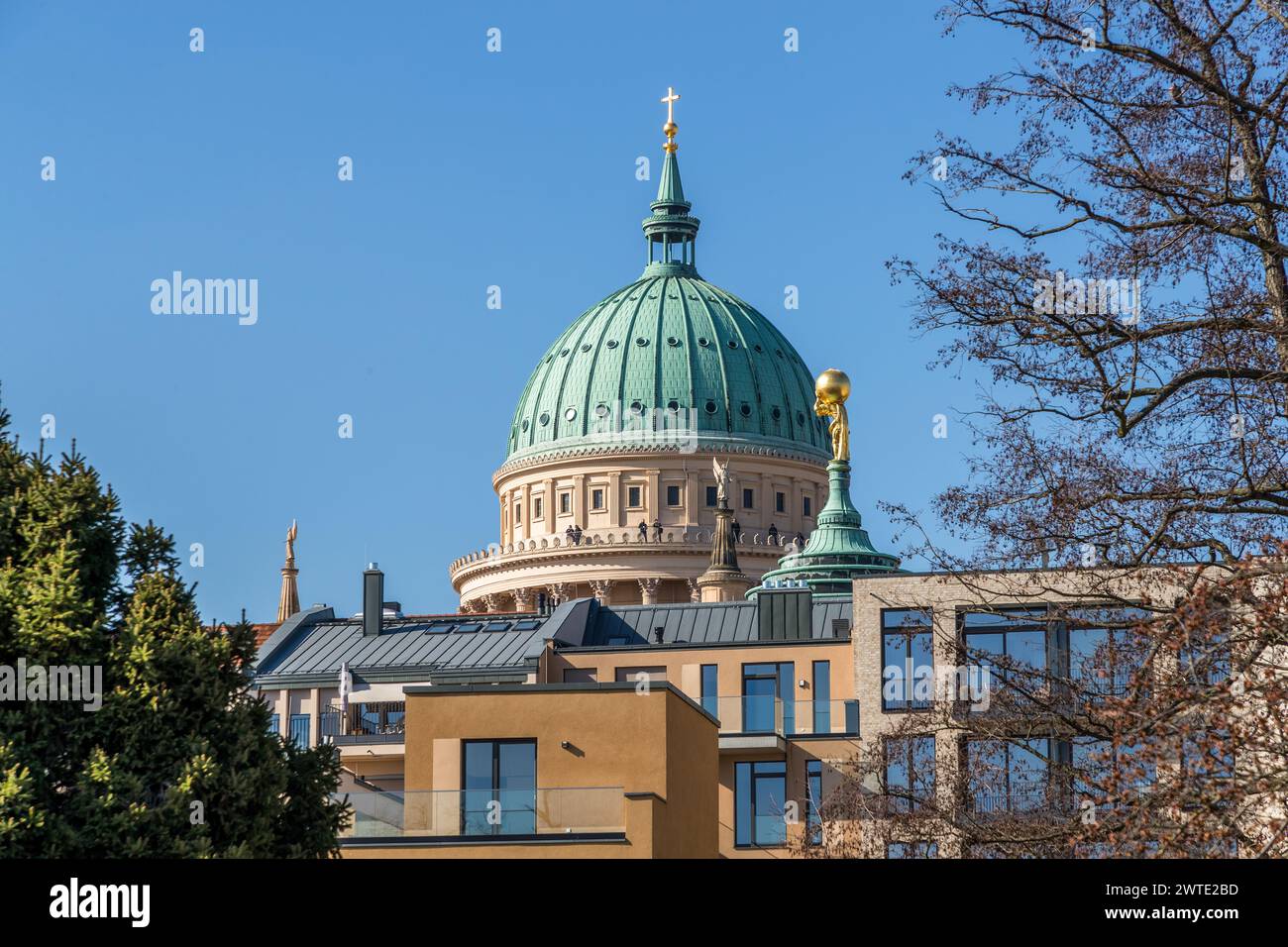 Dome of the Nikolaikirche behind the Museum Barberini, Potsdam, Brandenburg, Brandenburg, Germany Stock Photo
