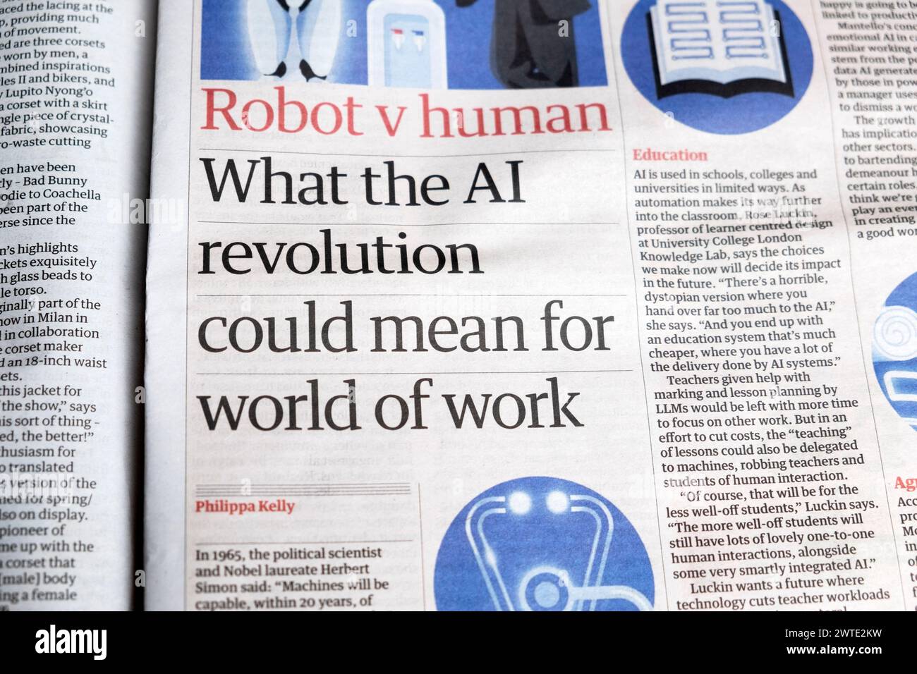 'Robot v human 'What the AI revolution could mean for world of work'  Guardian newspaper headline technology article 13 May 2023 London UK Britain Stock Photo