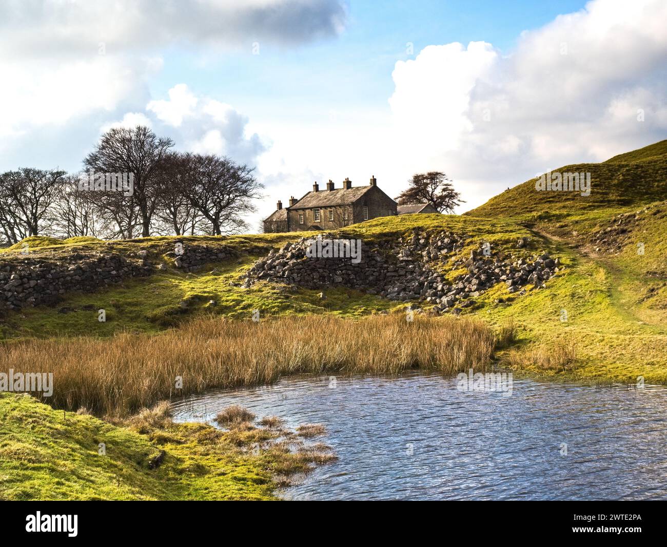 A small reservoir in a hollow with trees and a farmhouse. This is a remote location. Grassington moor. Yorkshire Dales Stock Photo