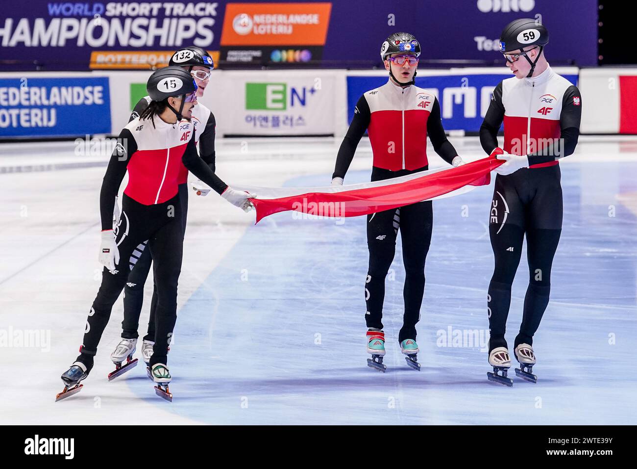 Rotterdam, Netherlands. 17th Mar, 2024. ROTTERDAM, NETHERLANDS - MARCH 17: Felix Pigeon of Poland, Diane Sellier of Poland, Michal Niewinski of Poland, Lukasz Kuczynski of Poland celebrating brons medal after competing in the Men's Relay 5000m Final during Day 3 of the ISU World Short Track Speed Skating Championships 2024 at Ahoy on March 17, 2024 in Rotterdam, Netherlands. (Photo by Joris Verwijst/BSR Agency) Credit: BSR Agency/Alamy Live News Stock Photo