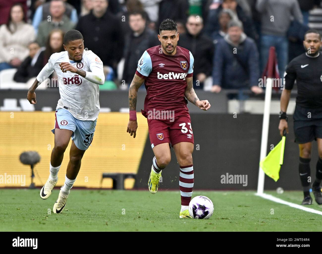 London, UK. 17th Mar, 2024. Emerson Palmieri (West Ham) during the West Ham vs Aston Villa Premier League match at the London Stadium Stratford. This Image is for EDITORIAL USE ONLY. Licence required from the the Football DataCo for any other use. Credit: MARTIN DALTON/Alamy Live News Stock Photo