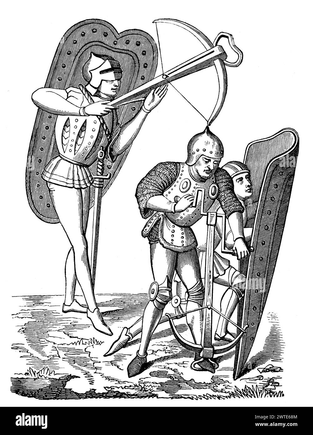 Crossbow men being protected by pavise-bearer, 15th century Stock Photo