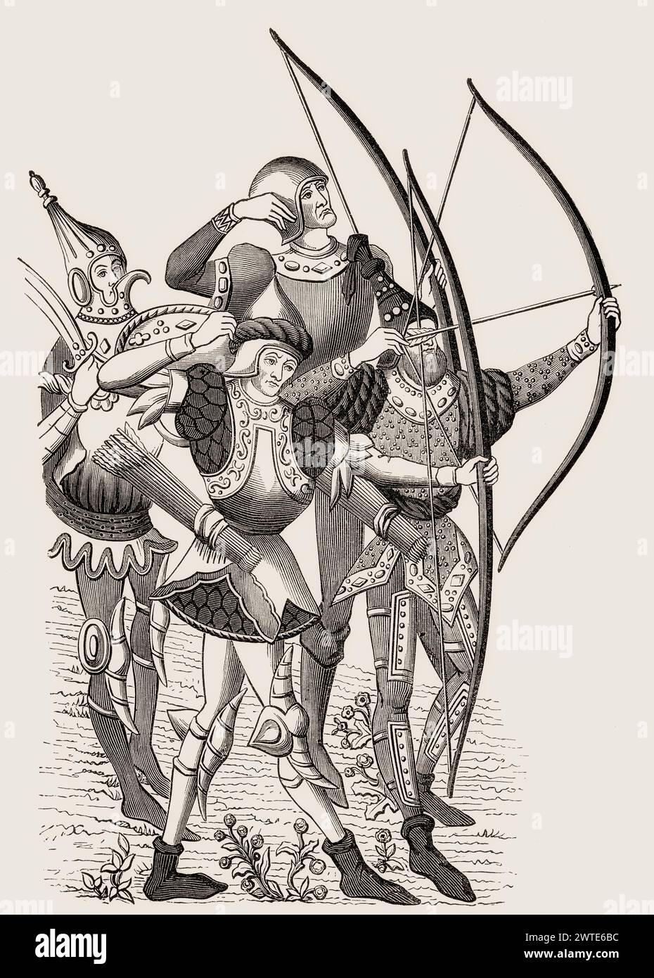 French bowmen with long bows, 15th century Stock Photo