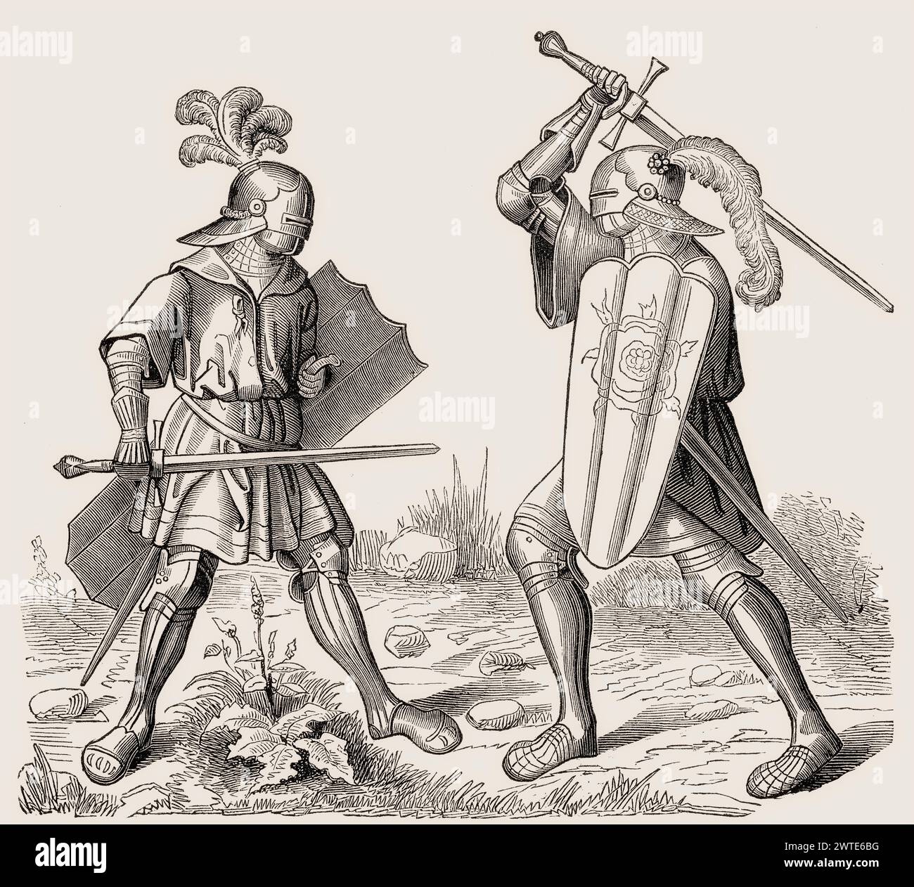 A single combat, fighting knights in armour, 15th century Stock Photo