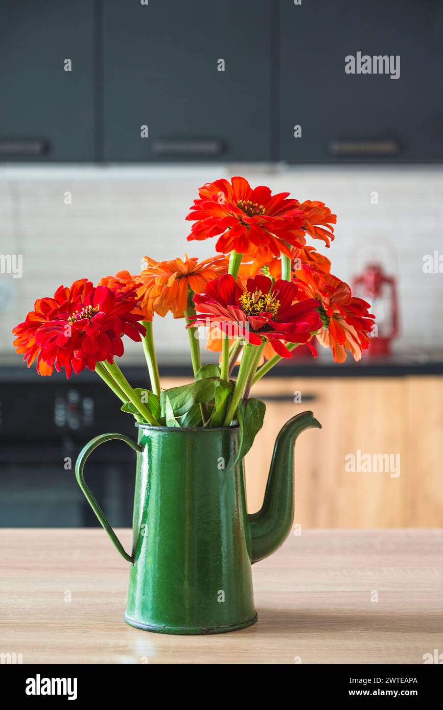 Beautiful red zinnia bouquet in a green vintage coffee pot Stock Photo