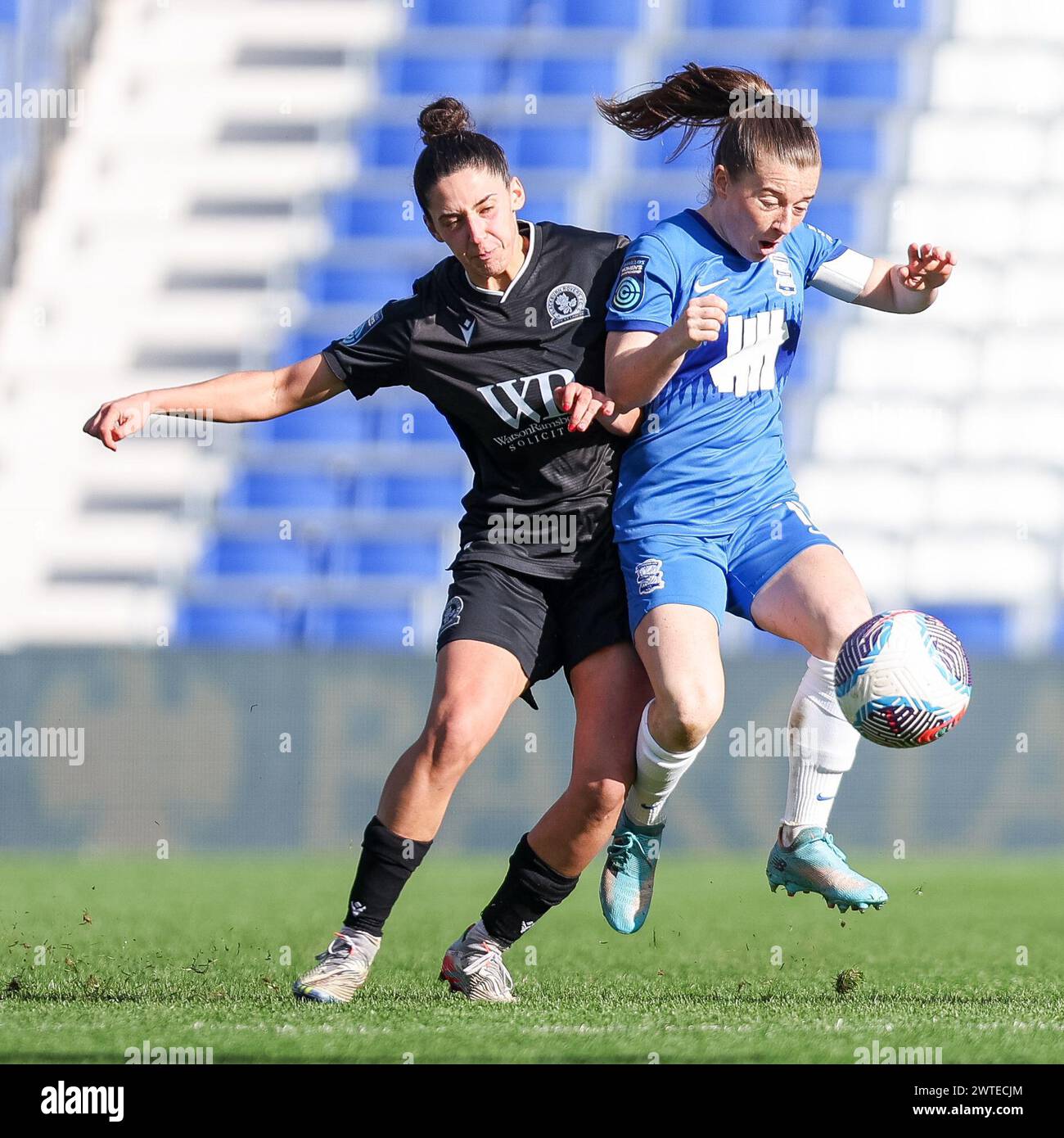 Birmingham, UK. 17th Mar, 2024. Blackburn Rovers' Lauren Thomas & Birmingham City's Christie Harrison-Murray battlefor possession during the Womens Championship match between Birmingham City Women and Blackburn Rovers Women at St Andrews, Birmingham, England on 17 March 2024. Photo by Stuart Leggett. Editorial use only, license required for commercial use. No use in betting, games or a single club/league/player publications. Credit: UK Sports Pics Ltd/Alamy Live News Stock Photo
