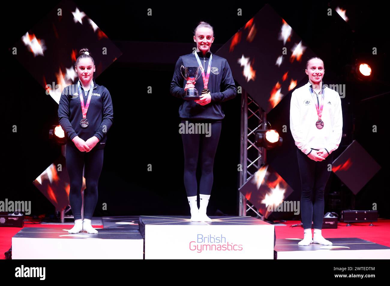 17th March 2024, M&amp;S Bank Arena, Liverpool, England; British Gymnastics Championships Day 4; Women's Apparatus Final Vault - gold medallist - Shannon Archer (centre), silver medallist - Abigail Martin (left), bronze medallist - Emily Roper (right) Stock Photo