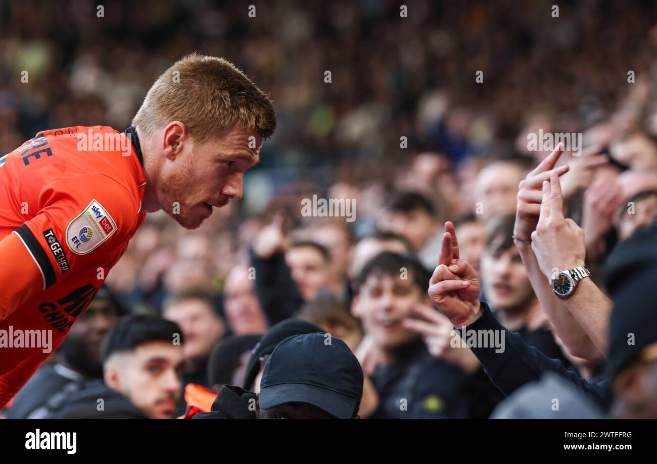 Elland Road, Leeds, Yorkshire, UK. 17th Mar, 2024. EFL Championship Football, Leeds United versus Millwall; Millwall's Duncan Watmore receives some gestures from Leeds United fans as he nearly ends up falling over the advertising boards Credit: Action Plus Sports/Alamy Live News Stock Photo