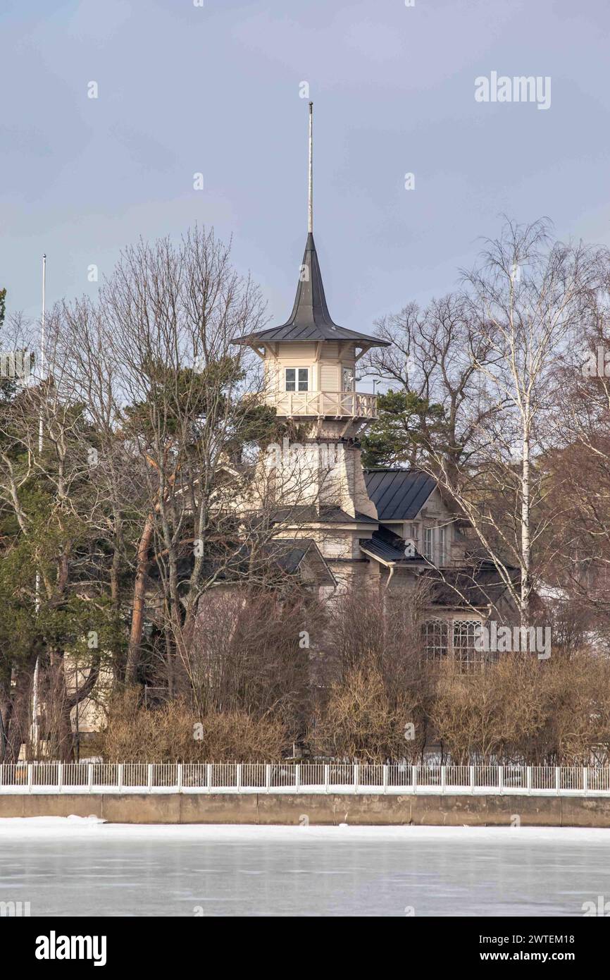 Wooden turret of Kesäranta, the official residence of Prime Minister, in Helsinki, Finland Stock Photo