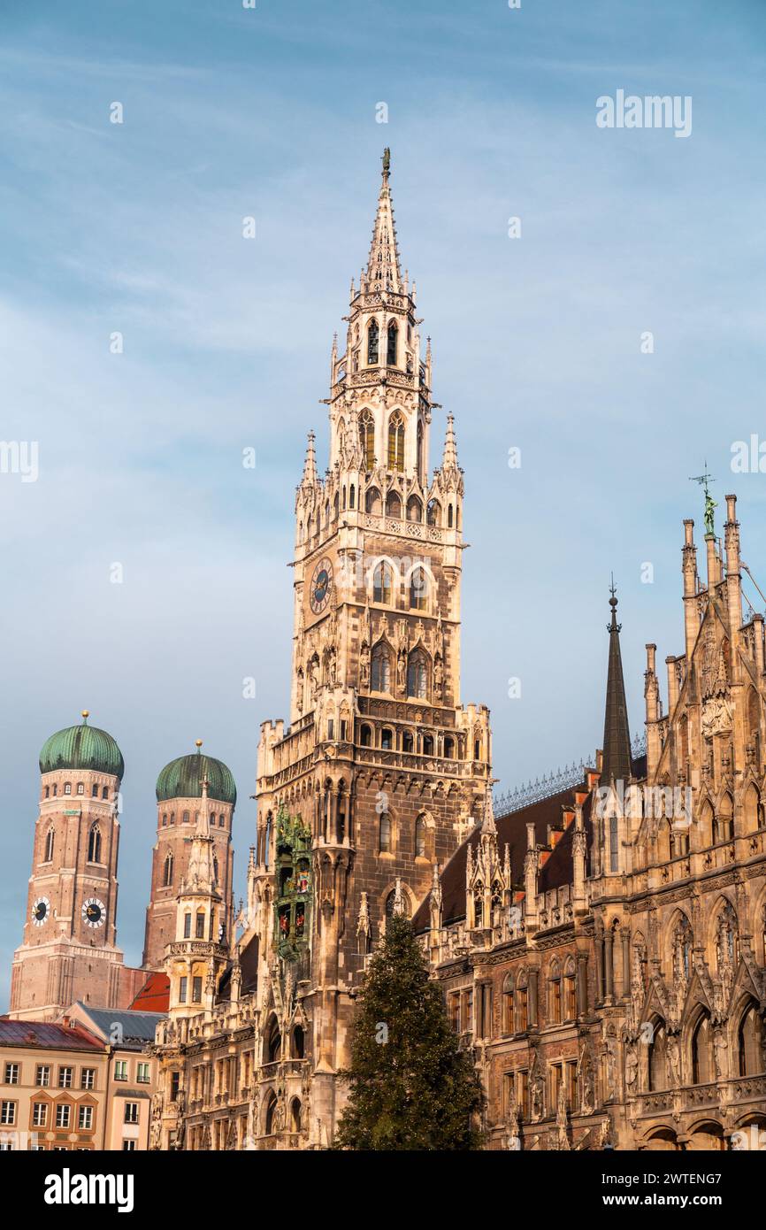 The Rathaus-Glockenspiel in Munich is a tourist attraction clock in Marienplatz, the heart of Munich, Germany. Stock Photo