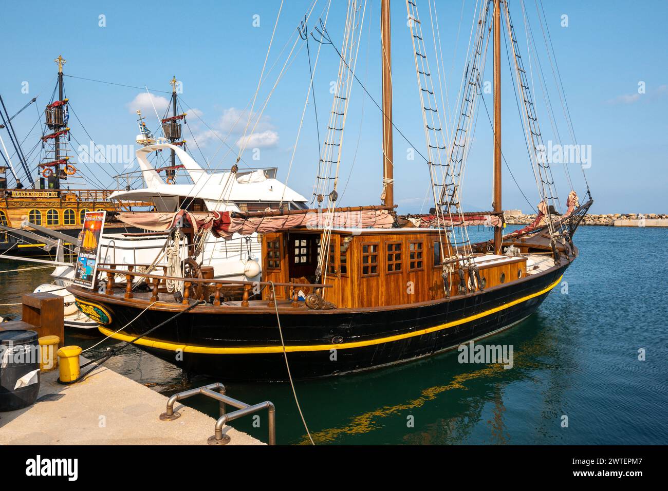 Kos, Greece - May 12, 2023: Boats moored in the port of Kardamena. Kos island, Greece Stock Photo