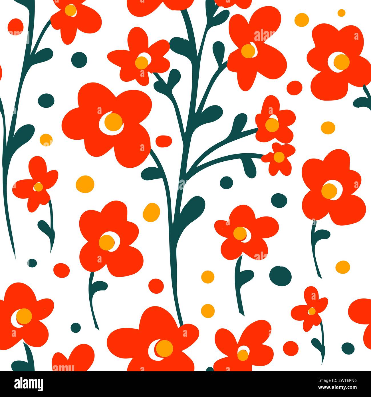 Seamless pattern from simple cute meadow flowers. Red simple flowers ...