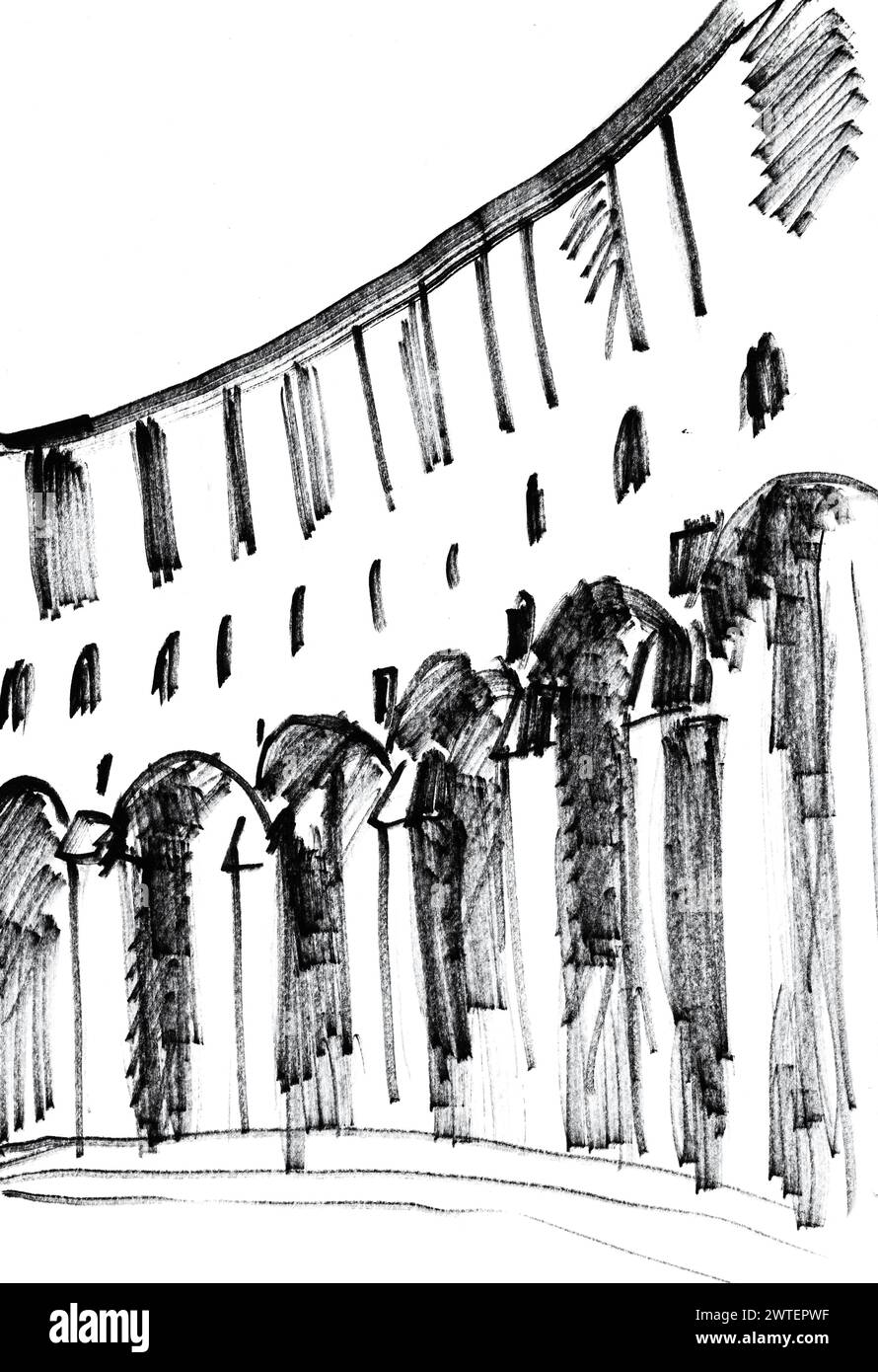 colonnade of government building drawn by hand in black felt-tip pen on white paper. Yerevan, Armenia Stock Photo