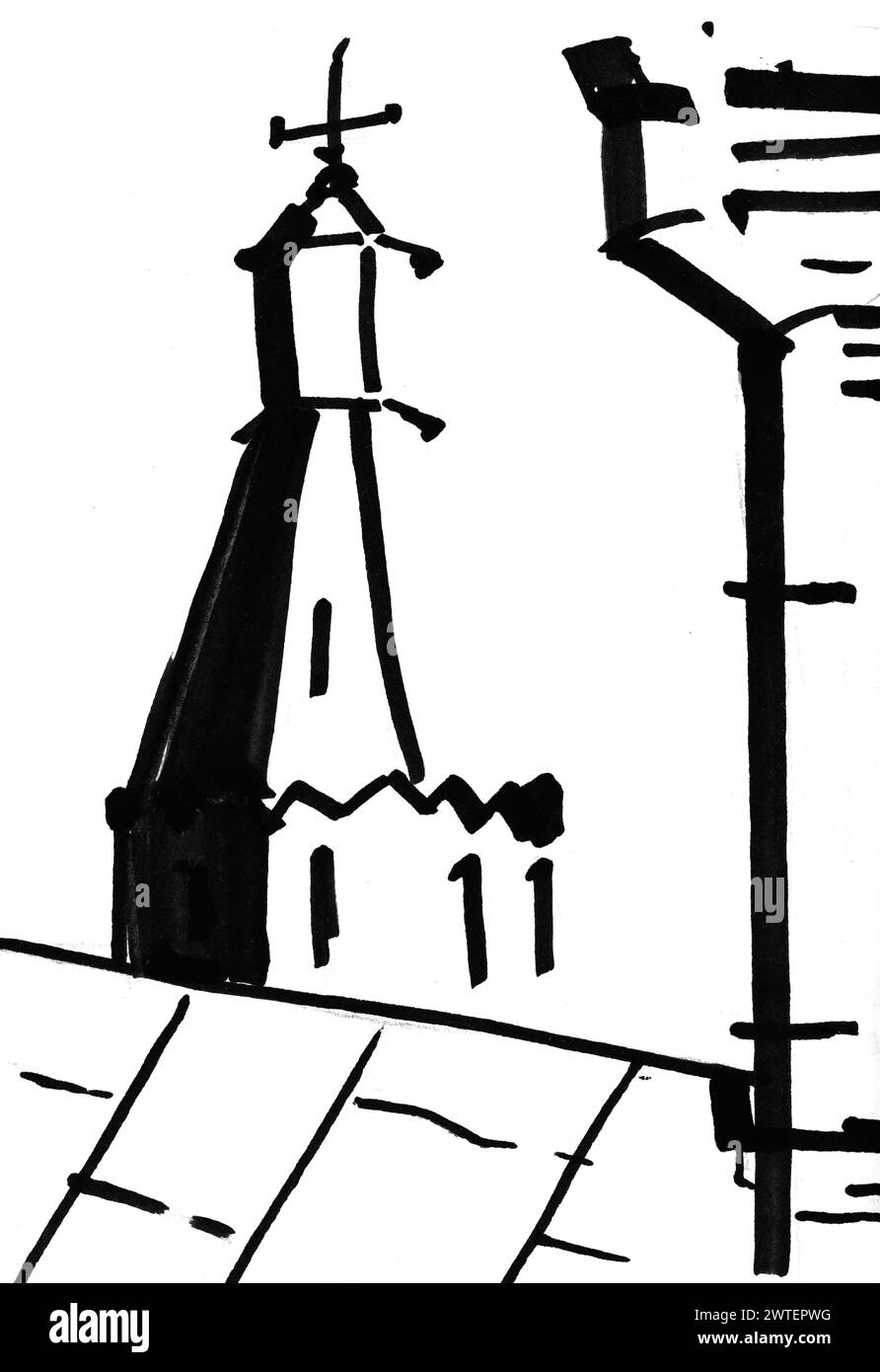 roof of house and tower of church drawn by hand in black ink on white ...