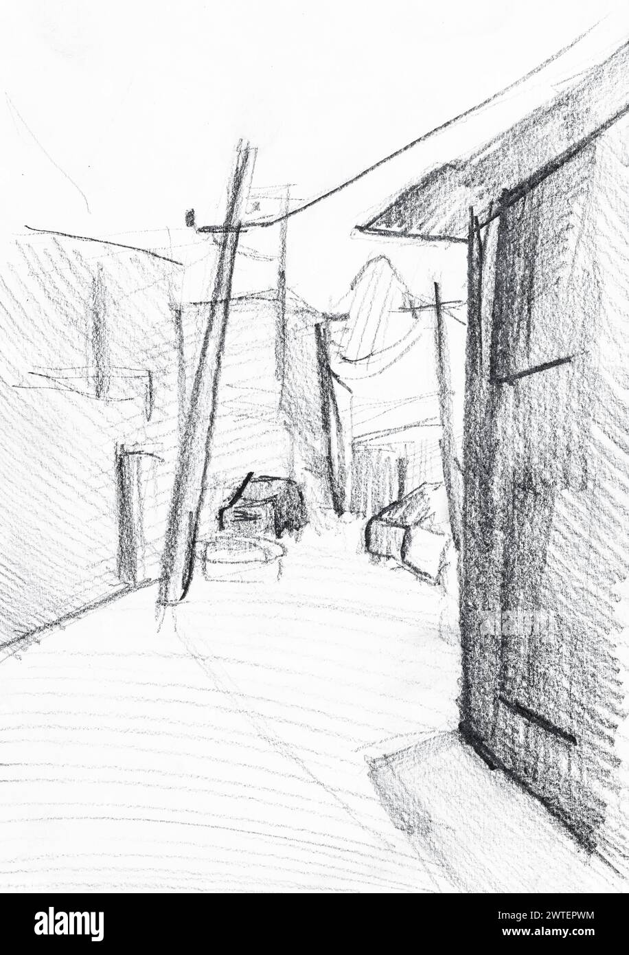 small street in old town drawn by hand in graphite pencil on white paper. Yerevan, Armenia Stock Photo