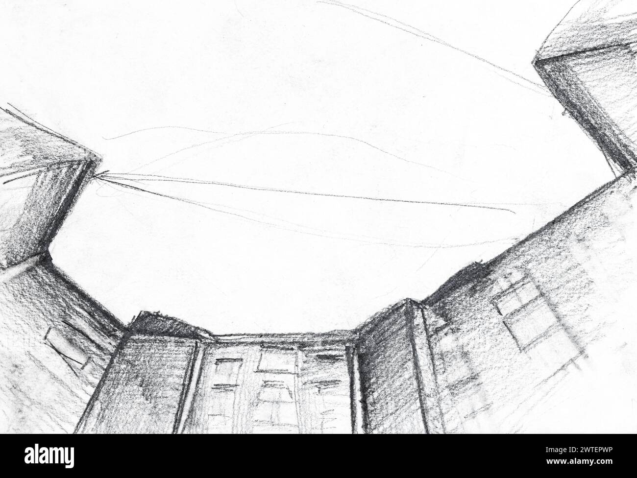 bottom view of high-rise apartment buildings drawn by hand in graphite pencil on white paper. Moscow, Russia Stock Photo