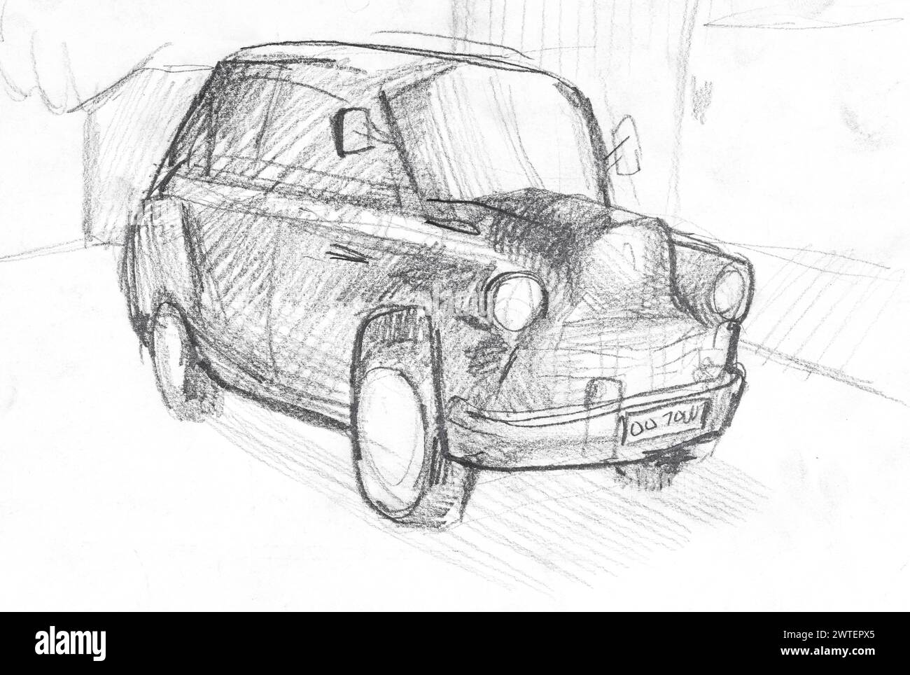 small retro car on city street house drawn by hand in graphite pencil on white paper. Yerevan, Armenia Stock Photo