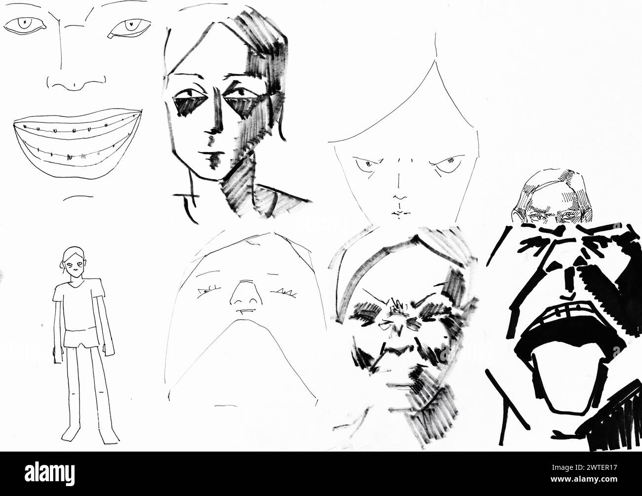 sketches of human faces with different emotions drawn by hand with a black felt-tip pen and ink on white paper Stock Photo