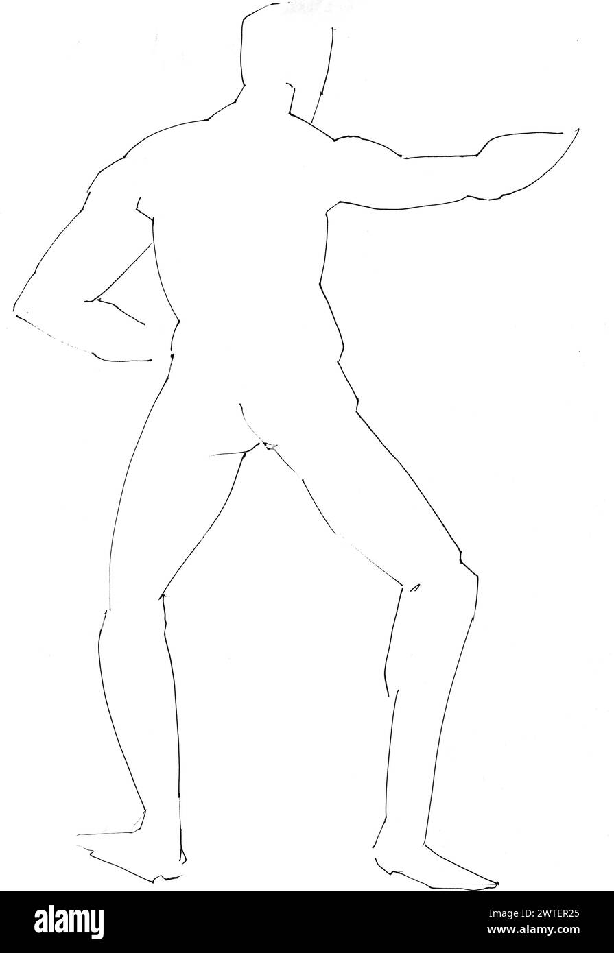 training sketch of male nude model from back in karate pose, hand-drawn in black ink on white paper Stock Photo