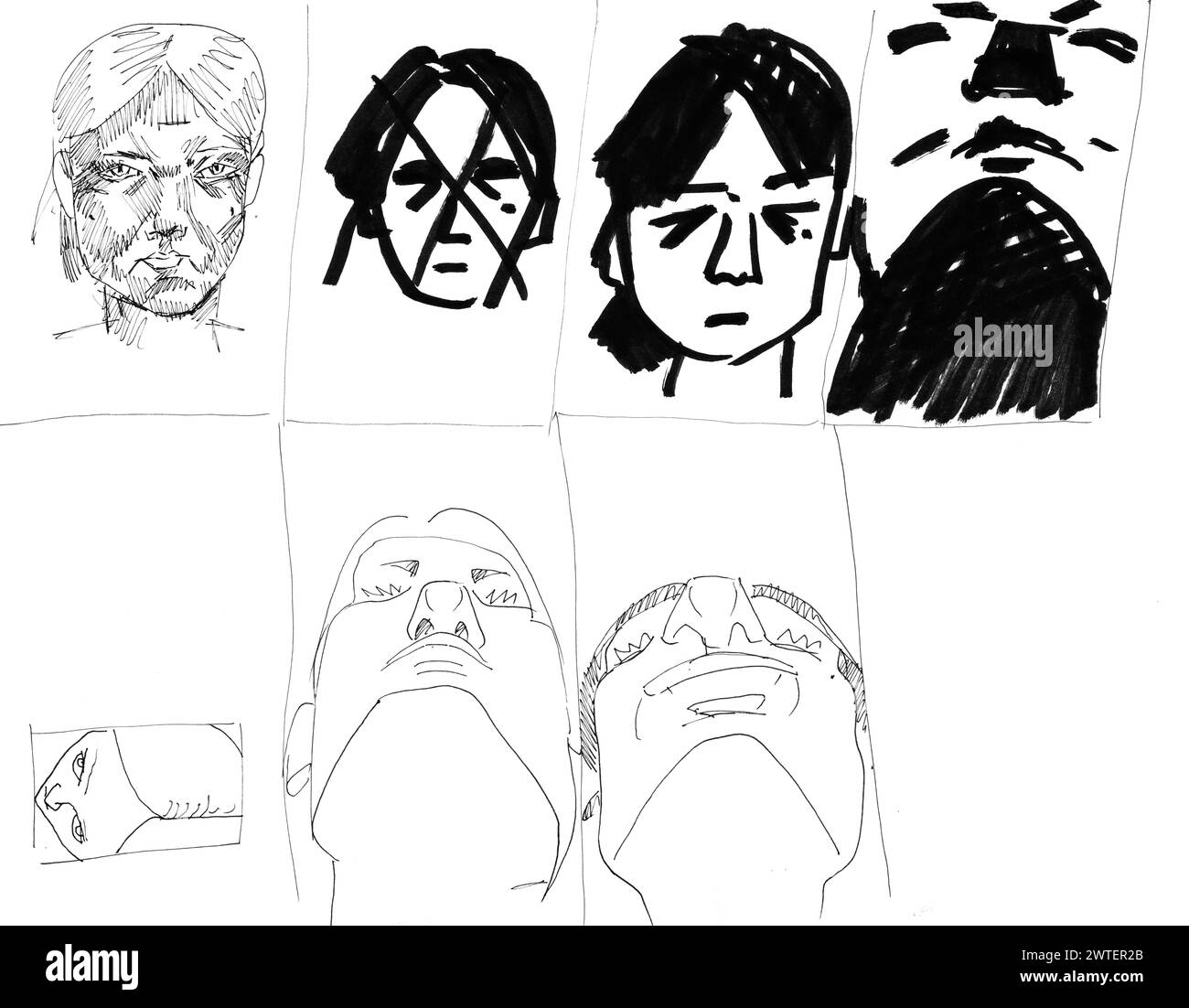 sketches of human heads with different angles drawn by hand with a black felt-tip pen and ink on white paper Stock Photo