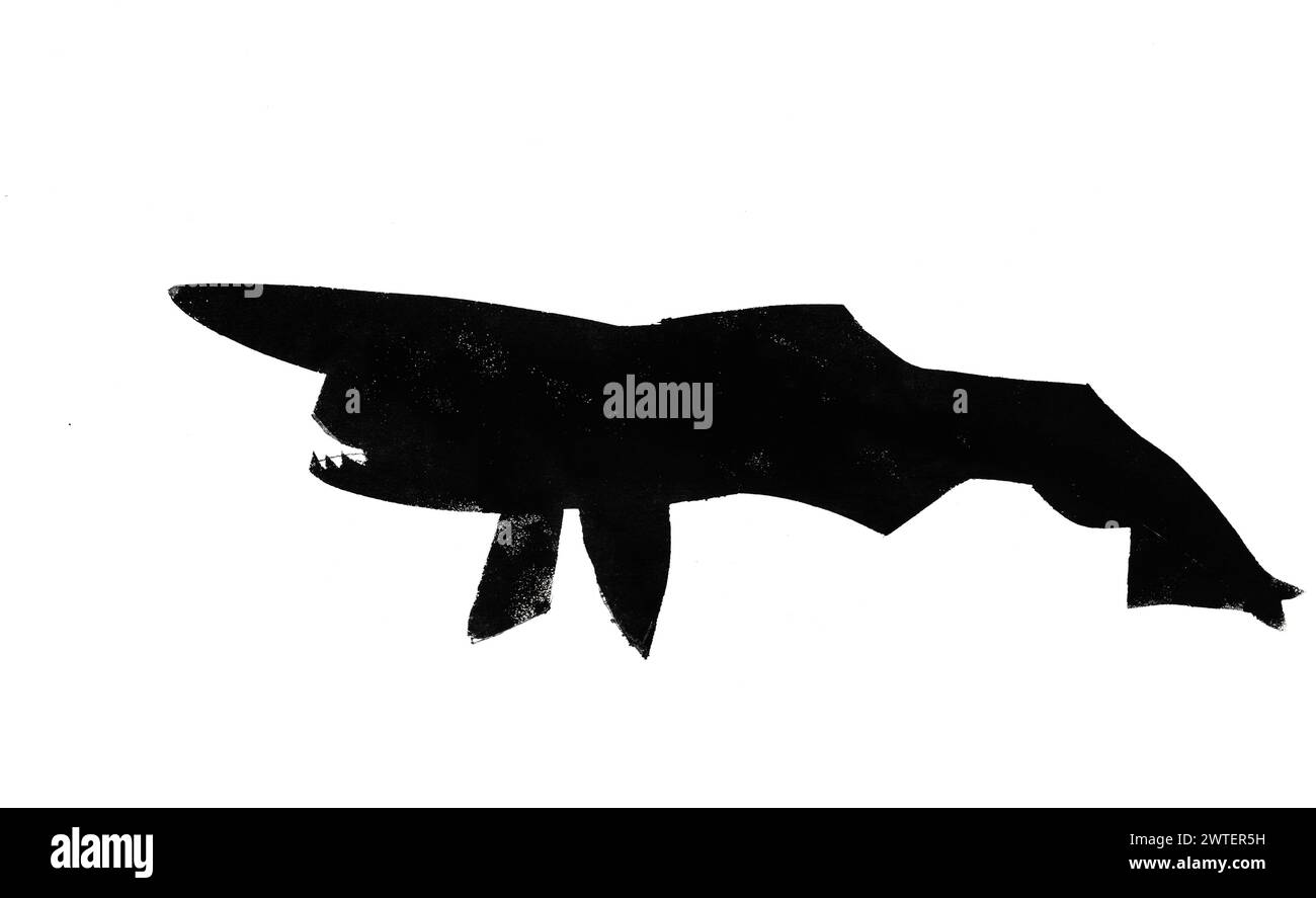 Silhouette of Goblin shark drawn by hand with stamp with black tempera
